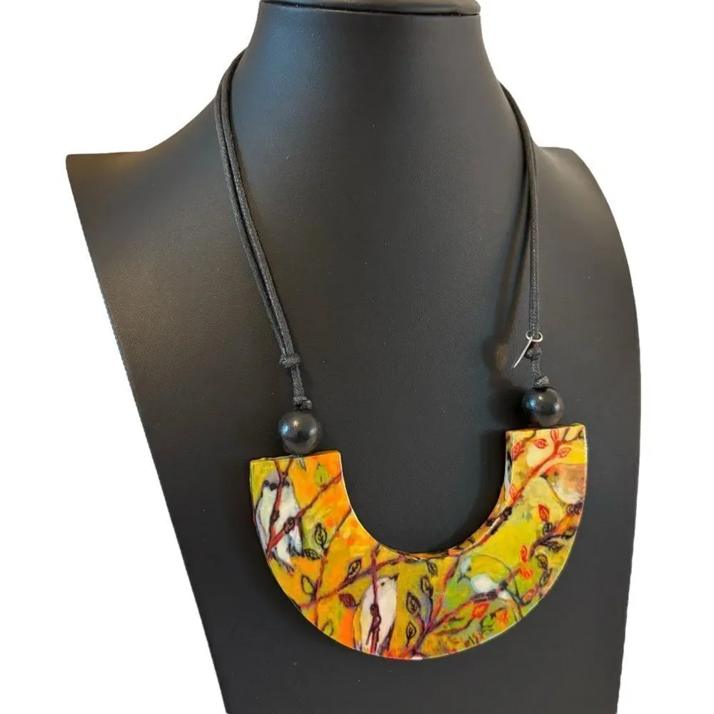 Nature Inspired Handcrafted Decoupage U-Shaped Necklace on Adjustable Cord.